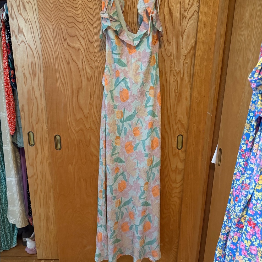 ASTR Floral Ruffle Neck Maxi Dress - Peach, Mint & Cream